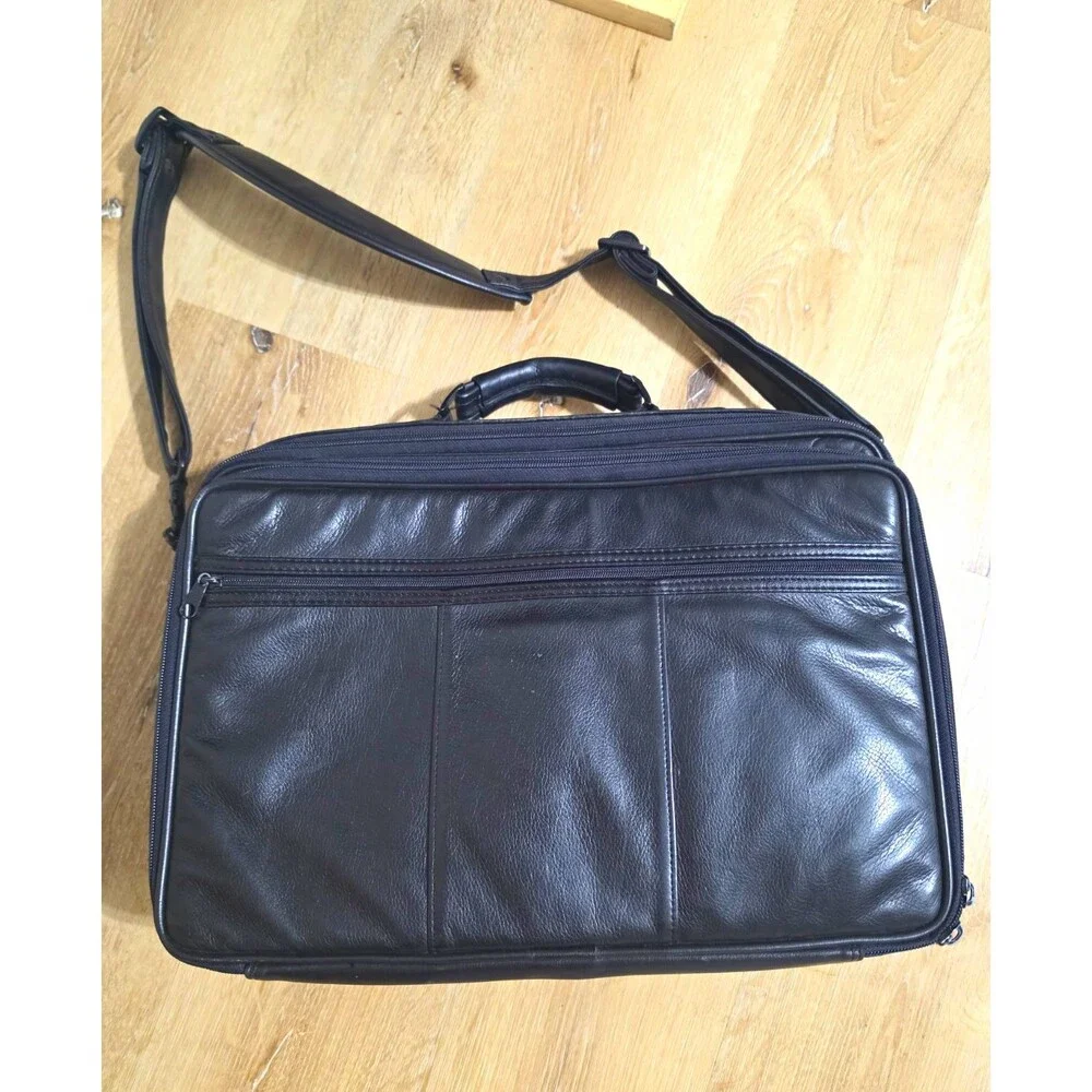 Case Tek Black Leather Laptop Briefcase Messenger Bag w/ Strap Organizer USA